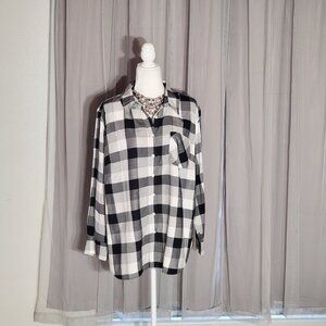 AVA VIV PLAID BLOUSE LONG SLEEVE BLACK/GRAY RAYONSIZE 2X